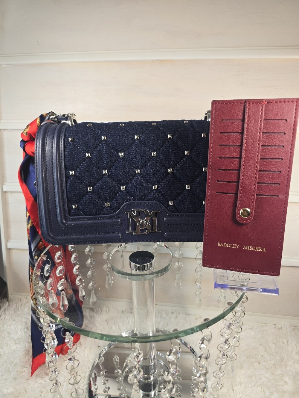 Badgley Mischka Navy blue demin Quilted Crossbody Bag with Card Holder